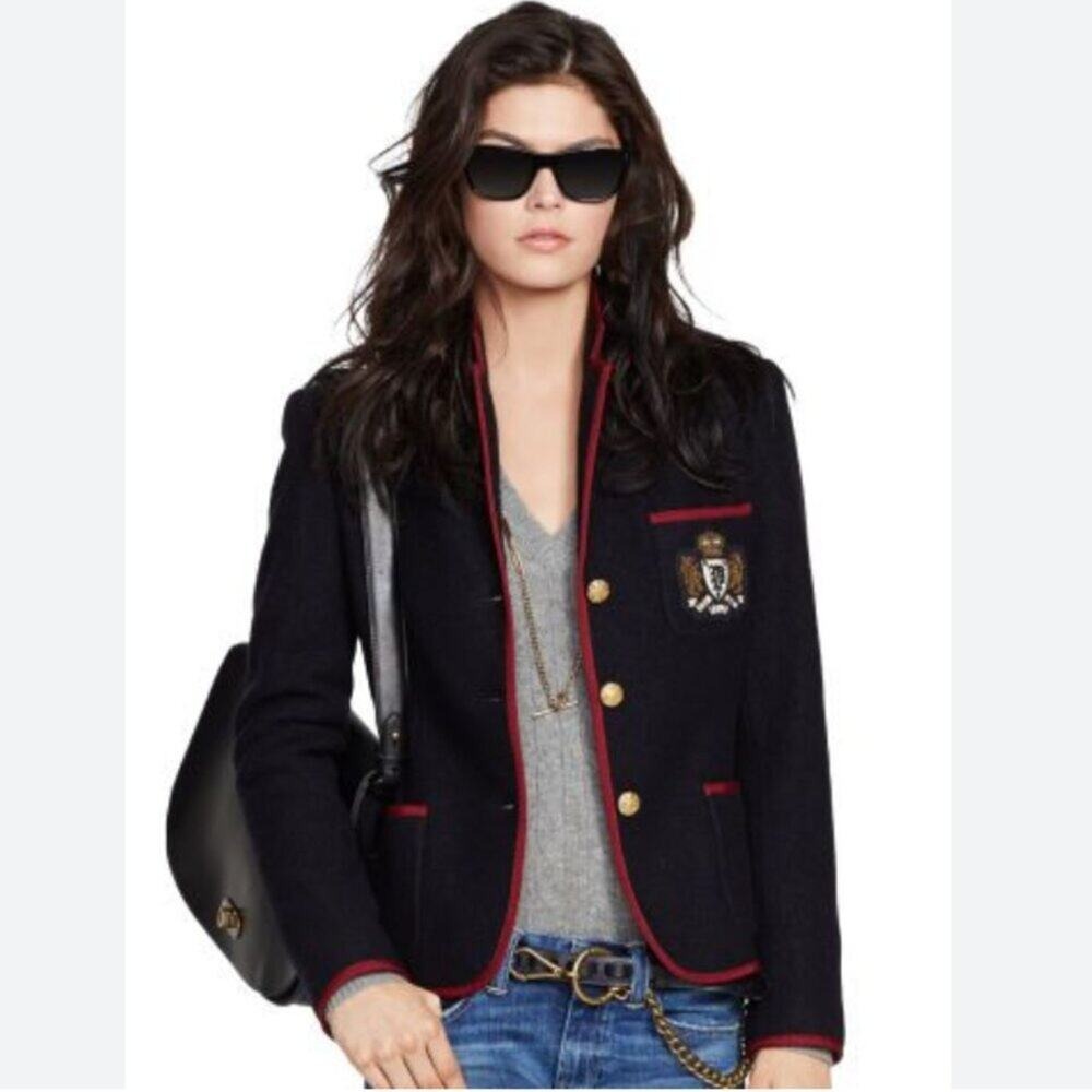 Ralph Lauren Polo Varsity Wool Blazer Tipped Jacket Crest Pocket 4 - Picture 2 of 8
